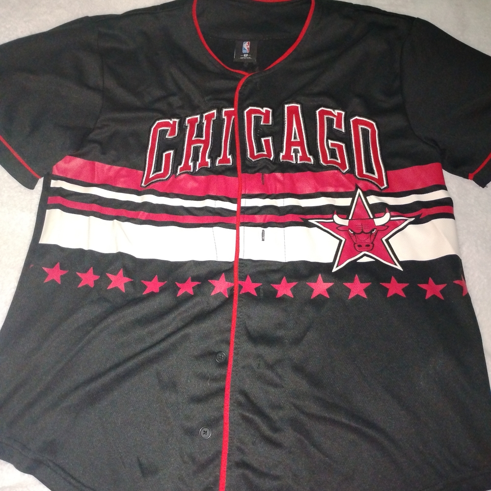 NBA Chicago Bulls Black and Red Button Up Baseball Style Jersey with Red lining